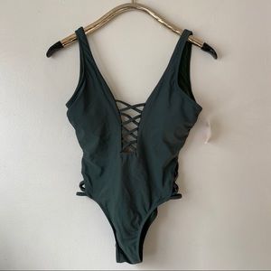 NWT Olive One Piece Swim Suit w Criss Cross Neck